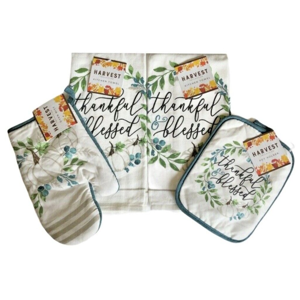 White Pumpkins Dish Towels Oven Mitt Pot Holder Set of 4 Thankful Blessed